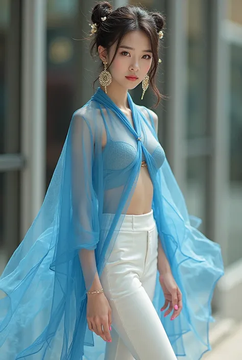 An asian woman with white eyebrows, large cycle earrings, sheer blue chiffon ponchou top, white long pencil skirt, pink heels, white lace pants wore under the skirt in Chjan Siao