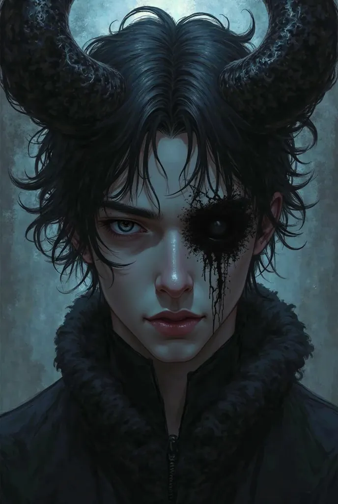 Anime of a man with horns made of ink and has a black eye in his right eye and a scar in a sample 