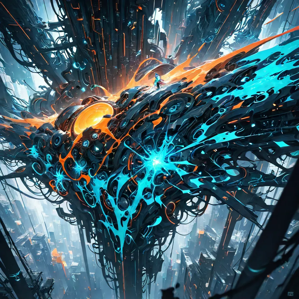 An imaginative and experimental digital artwork featuring a surreal fusion of organic and mechanical elements, abstract color splashes blending into futuristic cybernetic structures, dreamlike and ethereal atmosphere, highly detailed, inspired by Salvador ...