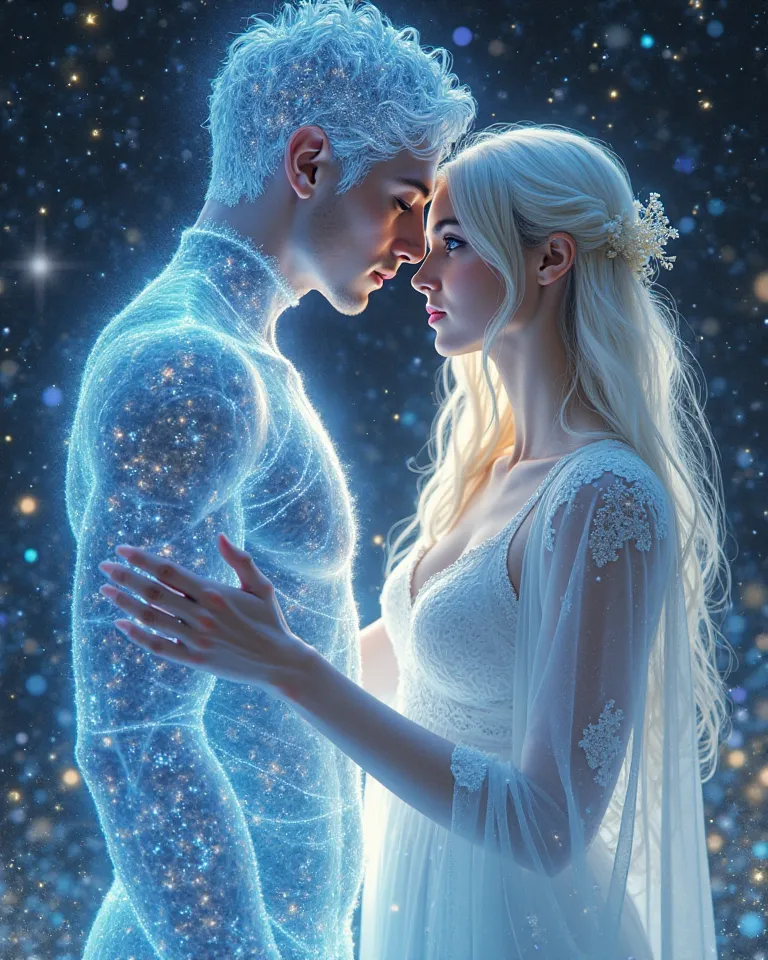 Manga style Surrealism， Details rich，8k is a breathtaking romantic style digital painting，depicts a beautiful blonde woman（Vika），She has long silver-white hair and sharp blue eyes，standing in a translucent male figure woven by luminous code（Dante）beside。 他...