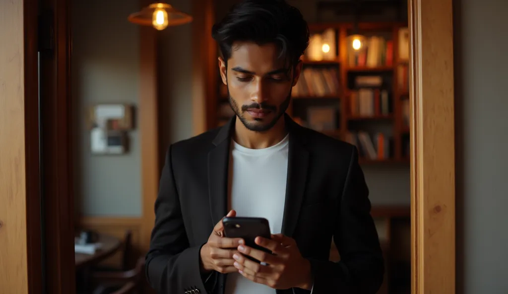 A well-dressed, tall Indian man in his mid-20s, wearing a sharp blazer over a t-shirt coming from the door inside the cozy café, holding a smartphone. his expression is thoughtful, slightly curious, as he looks at her phone screen. The background shows a w...