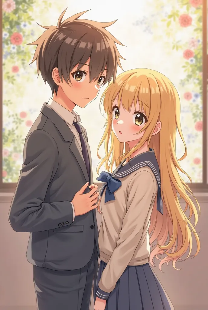 Boy and girl had Same heights,school uniform,couple,blonde hair girl,cute,anime style,looking at viewers