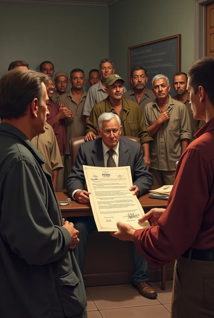 Now I need a scene where the workers, all the workers located right now, give Mr. Ramiro a formal letter with their signatures and the reference of the law, please, gentlemen, great old humble people, please, Thank you.