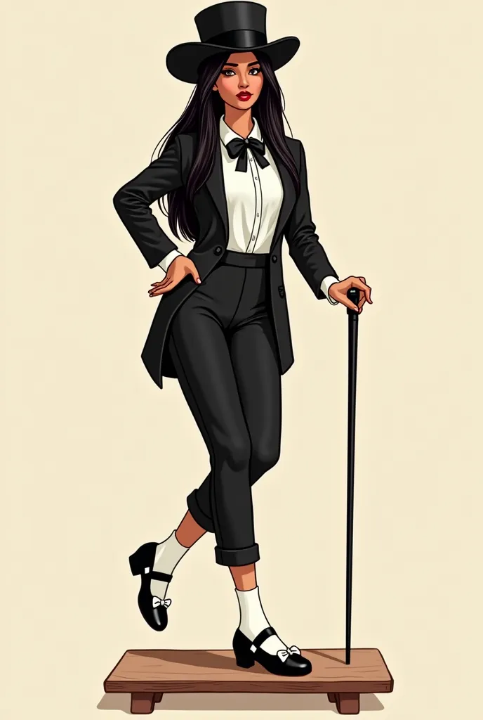 Beautiful Mexican American Girl in her 20’s long straight black hair, on a small wood board, trying clothes. Wearing strap black tuxedo with black dress pants. Cartoon, wearing black Mary Jane tap shoes with cute white socks, while tap dancing in a very cu...