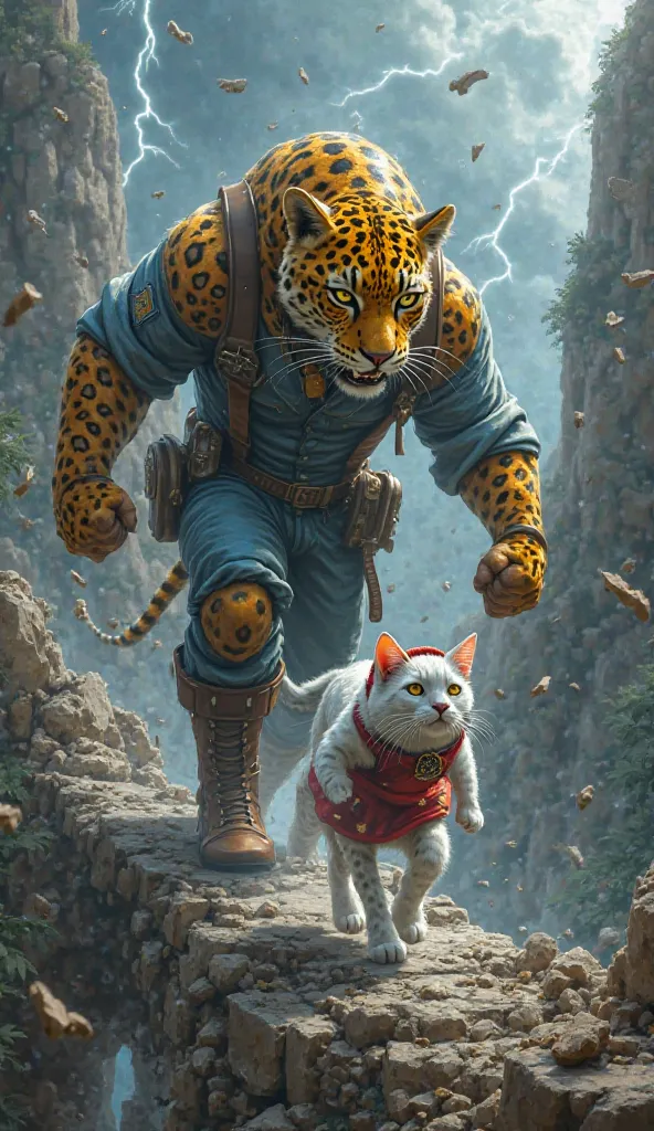 Background: The crumbling bridge shudders under the weight of the battle. Pieces of stone tumble into the abyss. Storm clouds gather above, lightning illuminating the battlefield in flashes.


leopard : A towering humanoid leopard with golden, battle-scarr...