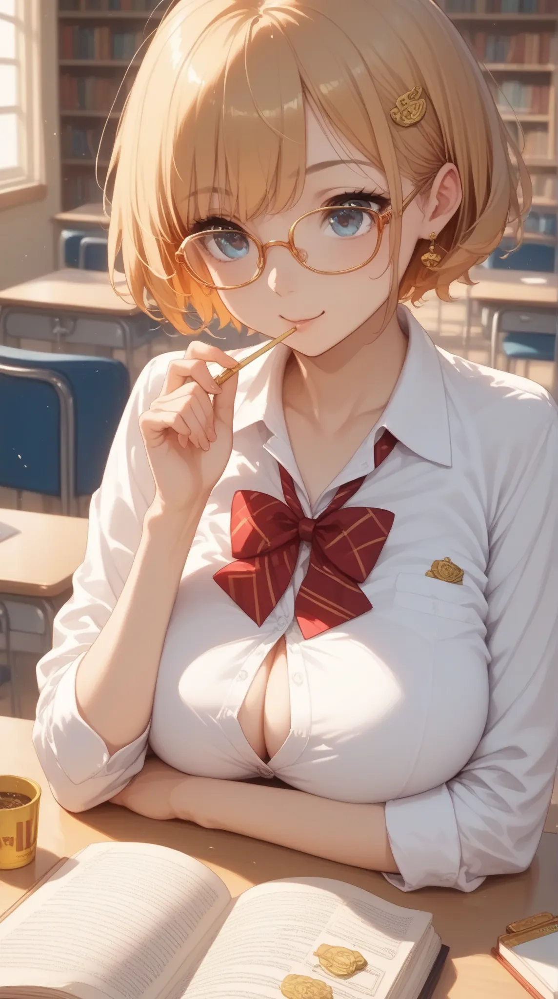 anime、cute、Big Breasts、 Gold、short hair、schools、tsukishiroluna、glasses、 high school student、reading