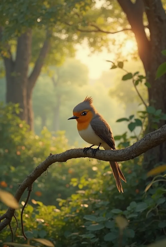 Create a Disney Pixar style medium shot of the bird perched on a branch, looking down at the ground as it rests, catching its breath. The bird is placed slightly off-center, with its wings relaxed. The point of view is slightly above the bird, offering a p...