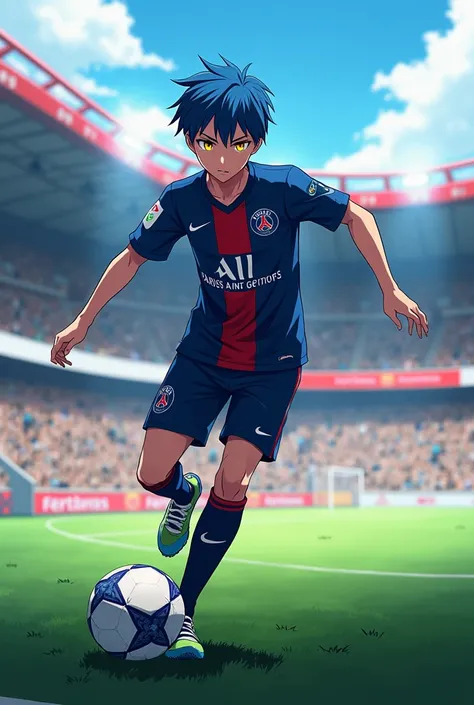 (maximum quality, better quality,  official art ,  beautiful and aesthetic  :1.2)  Anime Boy,  with blue hair,  Yellow Eyes, Paris Saint-Germain,  playing in a soccer stadium.