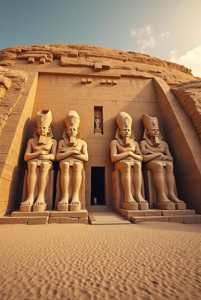 The majestic temples of Abu Simbel rise among the golden sands of the desert, illuminated by the first rays of the rising sun. Four giant statues of Ramesses II, carved into the rock, look to eternity, their faces are calm and monumental. The entrance to t...