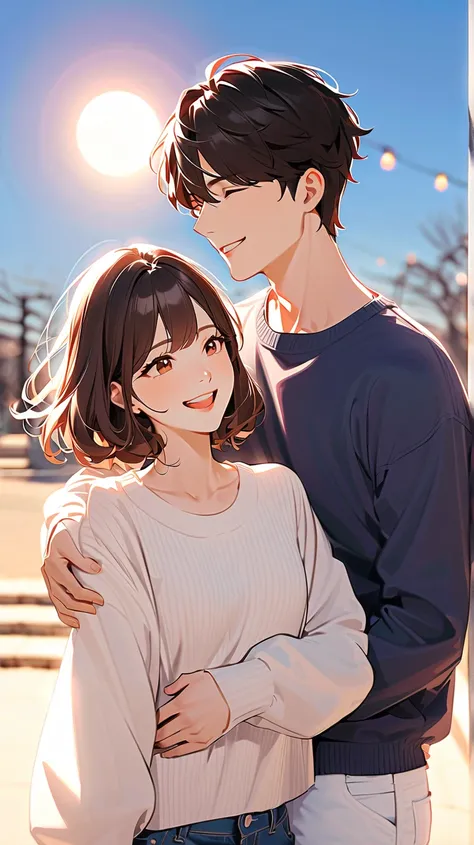 under the winter sun , College student couple,  The two of them are facing each other .、  is wearing a white pullover and blue jeans  .  The man has short dark hair  ,   the woman has long dark brown hair .   Unlike  ,  he's wearing a light blue blouse and...