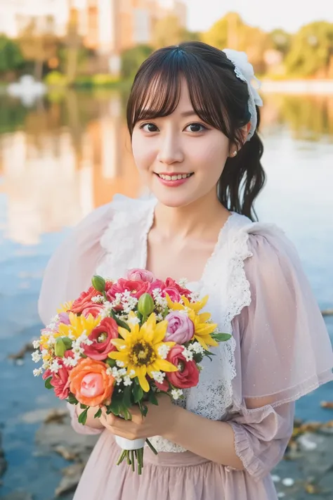 "A cute woman in a vintage-style dress, holding a bouquet of flowers, standing by a lake during sunset, with a dreamy atmosphere."