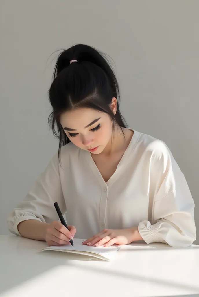 Black hair, Writing on the table,  sitting, high ponytail