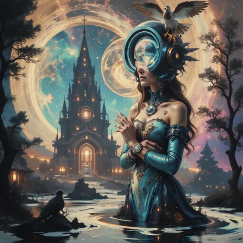 Painting of a woman with a blue green helmet with a slightly transparent visor inside which we see a galaxy and a blue green dress with a watch, inspired by Gaston Bussiere cathedral atmosphere, inspired by Vincent Lefevre with hyperrealistic Art Nouveau t...