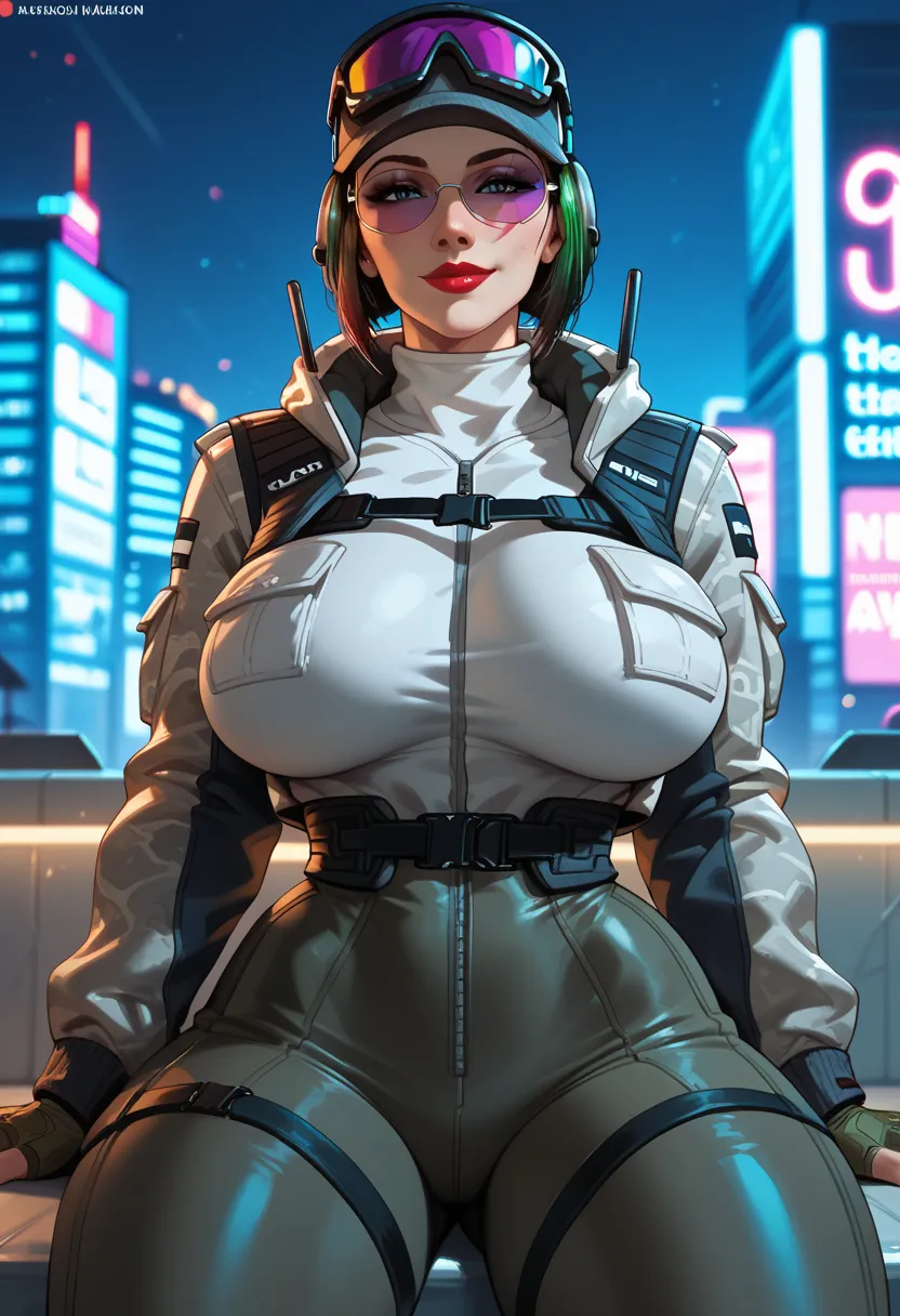  result_7_higher,  result_8_higher,  result_9, break , , \(Rainbow Six Siege\),  elite \(Rainbow Six Siege\), result_9,  result_8_higher,  result_7_higher,  result_6_higher, one girl, sits inside a, Cyberpunk clothing, colorful clothes, jacket,  sunglasses...