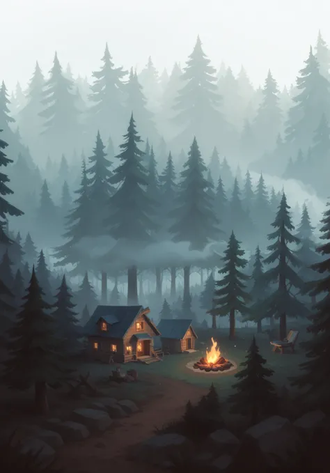 fog, forest, trees, hearthstone art style