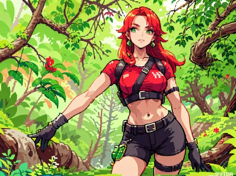 araffe woman in a red shirt and black leather shorts posing for a picture, gorgeous jungle ranger, amouranth as a super villain, better known as amouranth, forest hunter lady, realistic cosplay, amouranth, lara croft as spiderwoman, red hood cosplay, lara ...