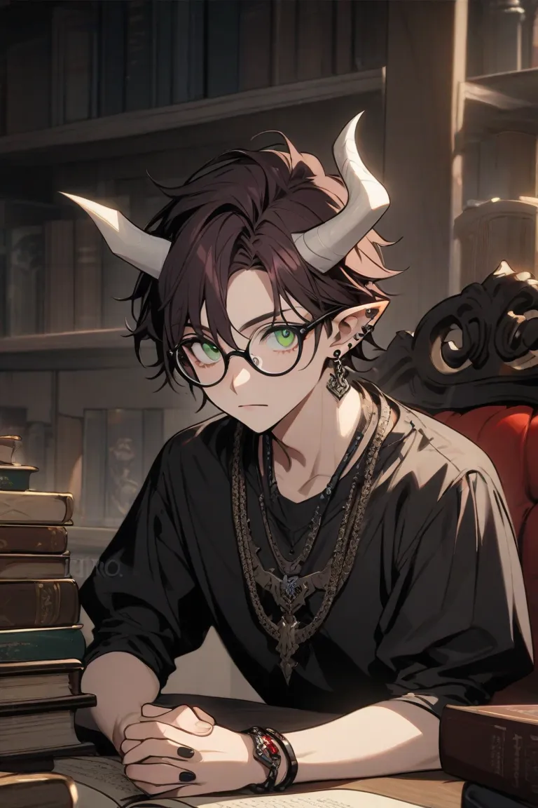 solo, looking at viewer, short hair, bangs, shirt, dark burgundy hair, 1 boy, jewelry, sitting, closed mouth, green eyes, upper body, short white horn sleeves, male focus, earrings, small horns, glasses, pointy ears, indoors, necklace, Sar bracelet, book, ...