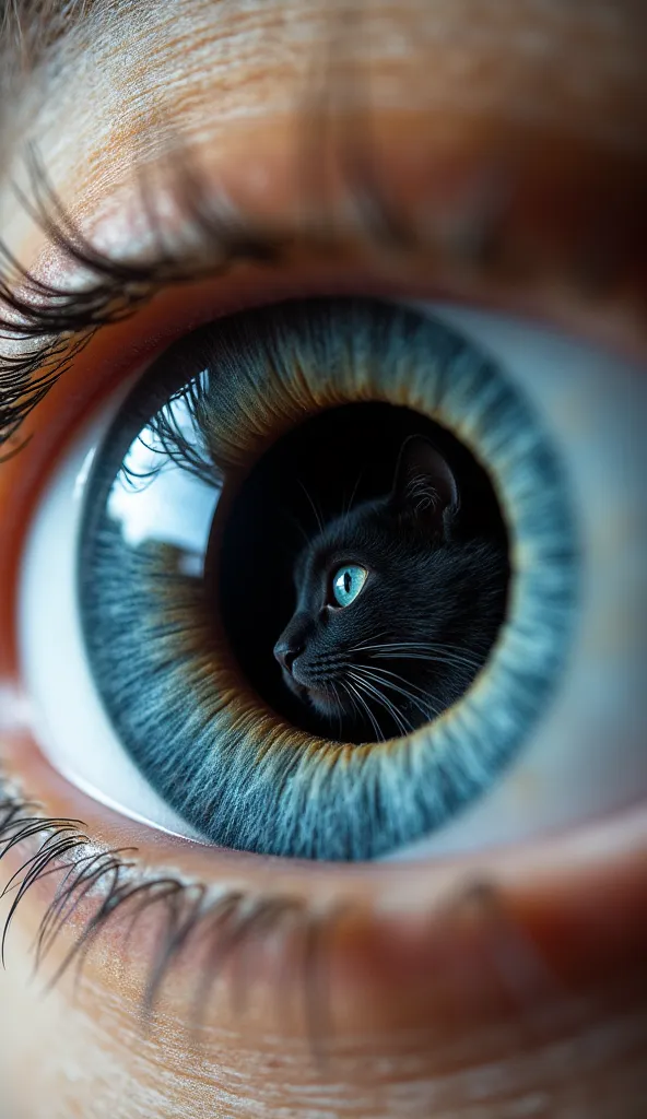 ultra detailed photograph of a human blue eye behind the lens of which sits a black fluffy Siberian cat in the pupil style raw