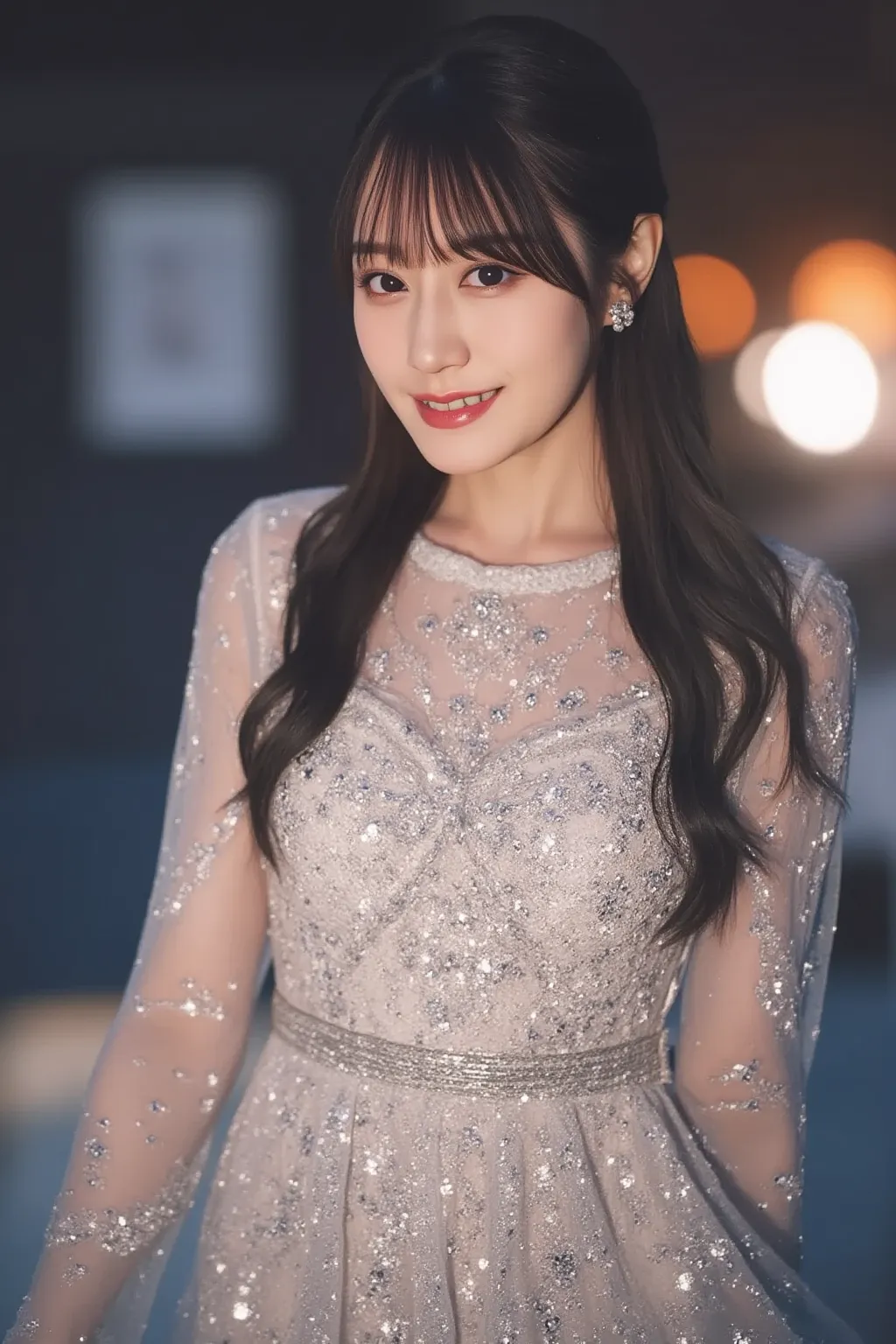 "A woman with long hair wearing a sparkling evening dress, standing under a starry sky at a gala, with a sophisticated and cheerful expression."