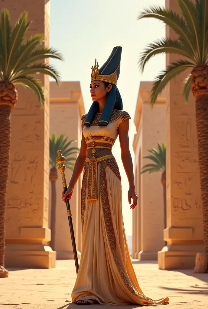 Mighty Hatshepsut, the first female pharaoh, stands in front of her magnificent temple in Deir el-Bahri. She wears a royal outfit, Decorated with gold patterns, and on her head is a crown of pharaohs. She holds symbols of power in her hands — the Ankh staf...