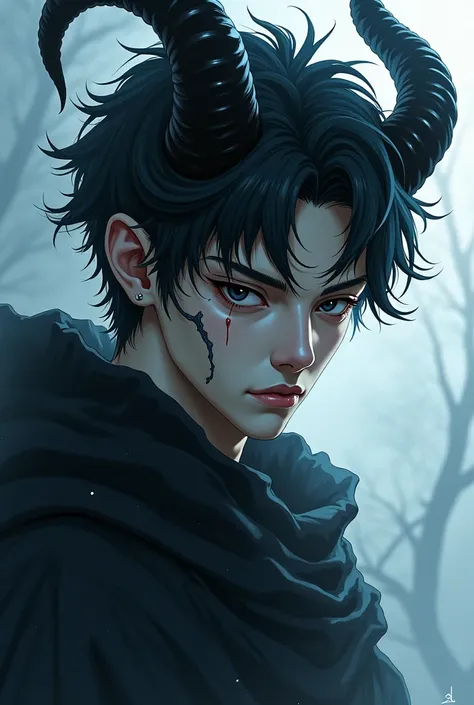 Anime of a man with horns made of ink and has a black eye in his Left  eye and a scar in a sample 