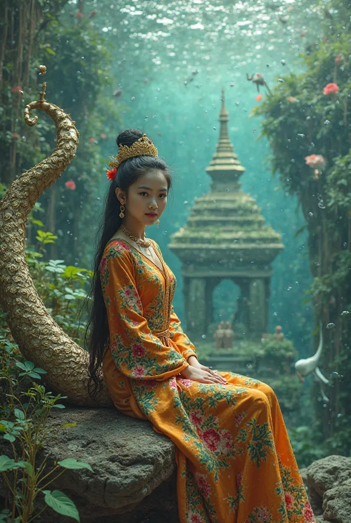 Dragons are walking among the ancient pagodas and pagodas underwater, and the gold, green, and red colors worn by the ancient sitting warlords.
 A 35-year-old young Burmese girl, dressed in a bright and colorful dress, black and white, modest and masculine...