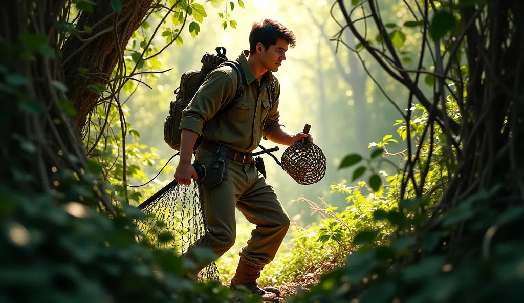 A hunter creeping through the underbrush, holding a net in one hand and a cage in the other, with a determined and focused expression.
