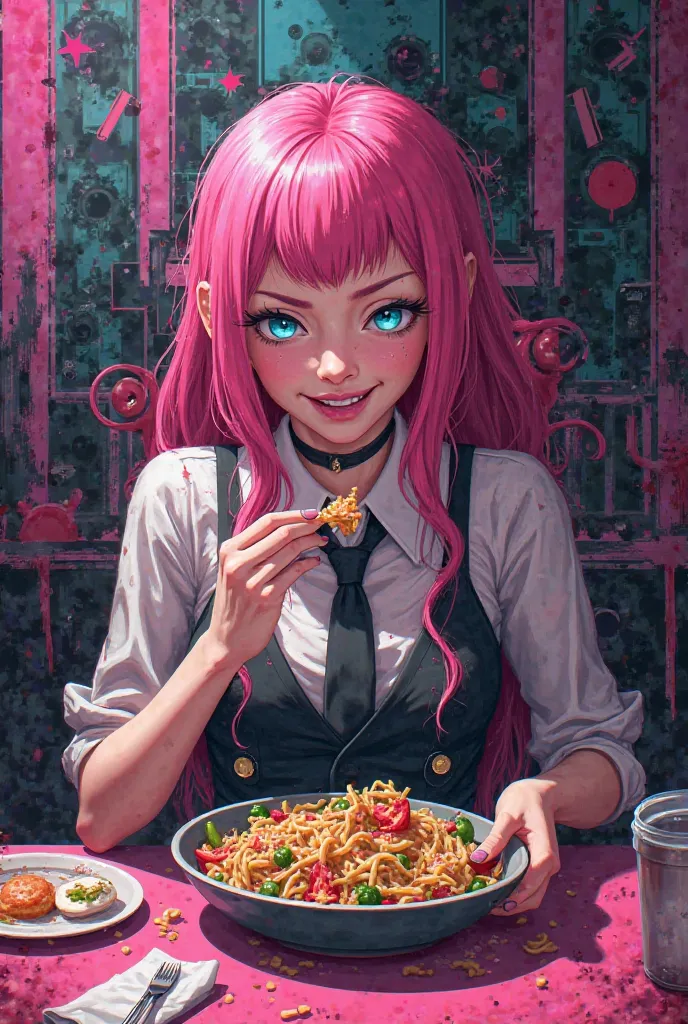 Can you make me an image of Junko Enoshima eating but in the style of dangaronpa 