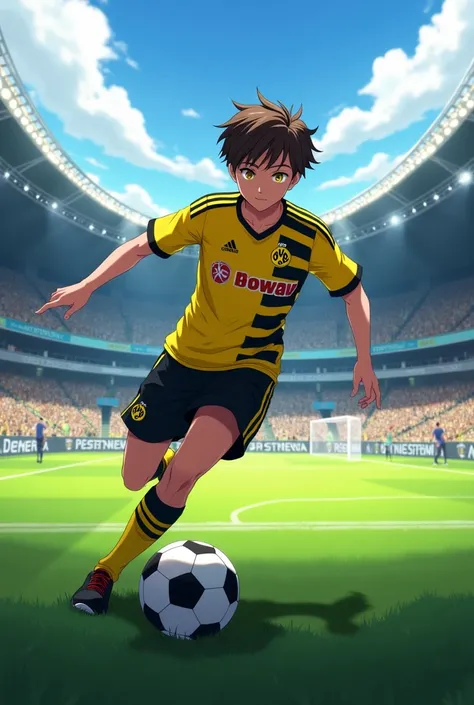 (maximum quality, better quality,  official art ,  beautiful and aesthetic  :1.2)  Anime Boy, with brown hair,  Yellow Eyes, Borussia Dortmund,  playing in a soccer stadium.