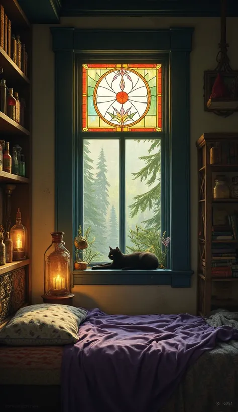 A first-person perspective of waking up in a witch’s cottage.* I open my eyes to the soft glow of morning light filtering through the stained-glass windows. The room is filled with shelves of potion bottles, dried herbs, and ancient books. A black cat stre...