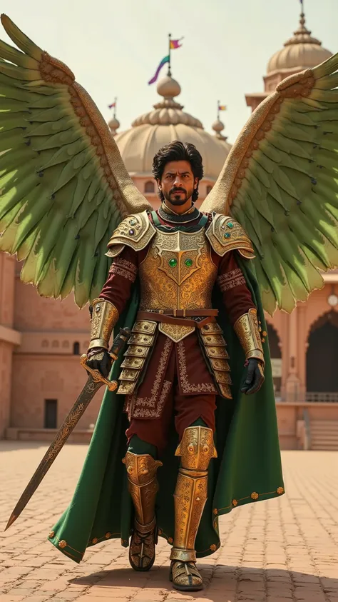 Shah Rukh Khan reimagined as a knight with huge light green angel wings with detailed feathers walking and holding a sword (talwar)､dramatic atmosphere, 1 male､ 

He has short, wavy black hair and expressive dark brown eyes. He has a well-groomed beard and...