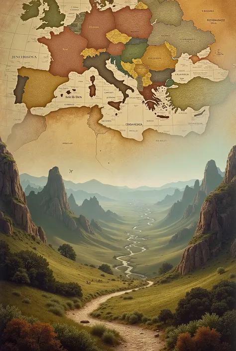 An ancient landscape of the Iberian Peninsula.  In the background, you can see a map with different languages spoken.