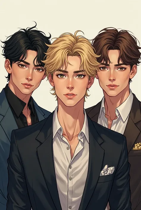 3 boys best friend, they'll age 18 years old, their face look rich and mature.  One with black hair ,one with blonde hair ,one with brown hair, all these boys is handsome. All facing to the front

Style manhwa