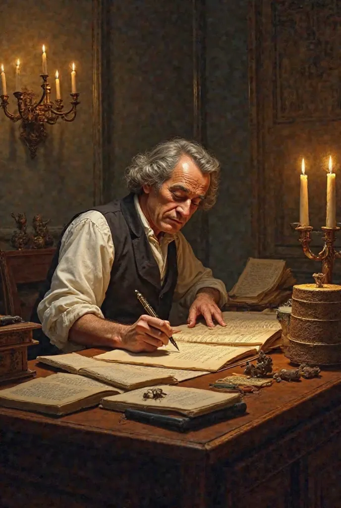 1822, the scientist's office is lit by soft candlelight. by Jean-Francois Champollion with glowing eyes leaned over ancient papyri and the Rosetta Stone, his pen moves swiftly across paper, recording key discoveries. books are randomly scattered around him...