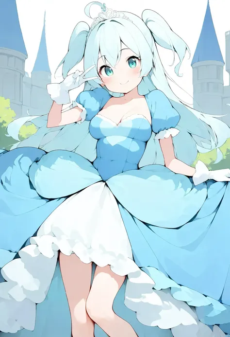 {{{Richil}}}, 1girl, long hair, two side up, ahoge, light blue hair, aqua eyes, fair skin, skinny, slim legs, petite, (medium breasts), large breasts, {{{smile}}}, {{{solo}}}, (masterpiece:1.2), (best quality:1.2), (high quality:1.2), (accurate), {{{prince...