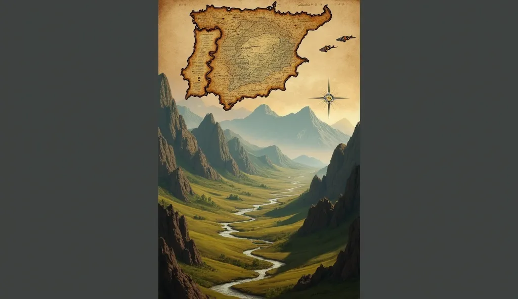 An ancient landscape of the Iberian Peninsula.  In the background, you can see a map with different languages spoken.