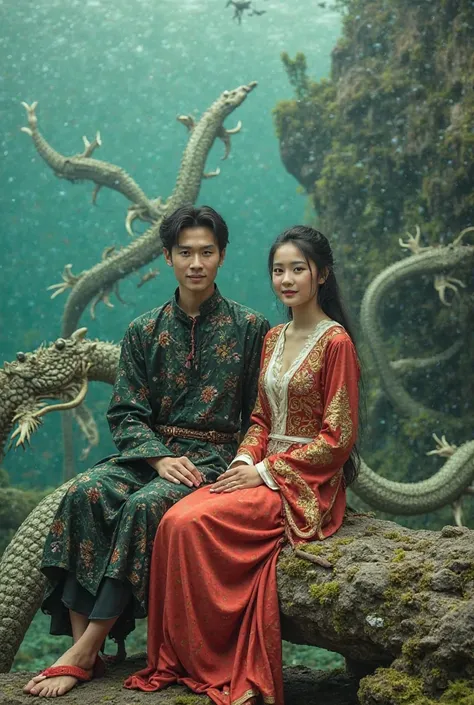 Dragons are walking among the ancient pagodas and pagodas underwater, and the gold, green, and red colors worn by the ancient sitting warlords.
 A 35-year-old young Burmese girl, dressed in a bright and colorful dress, black and white, modest and masculine...