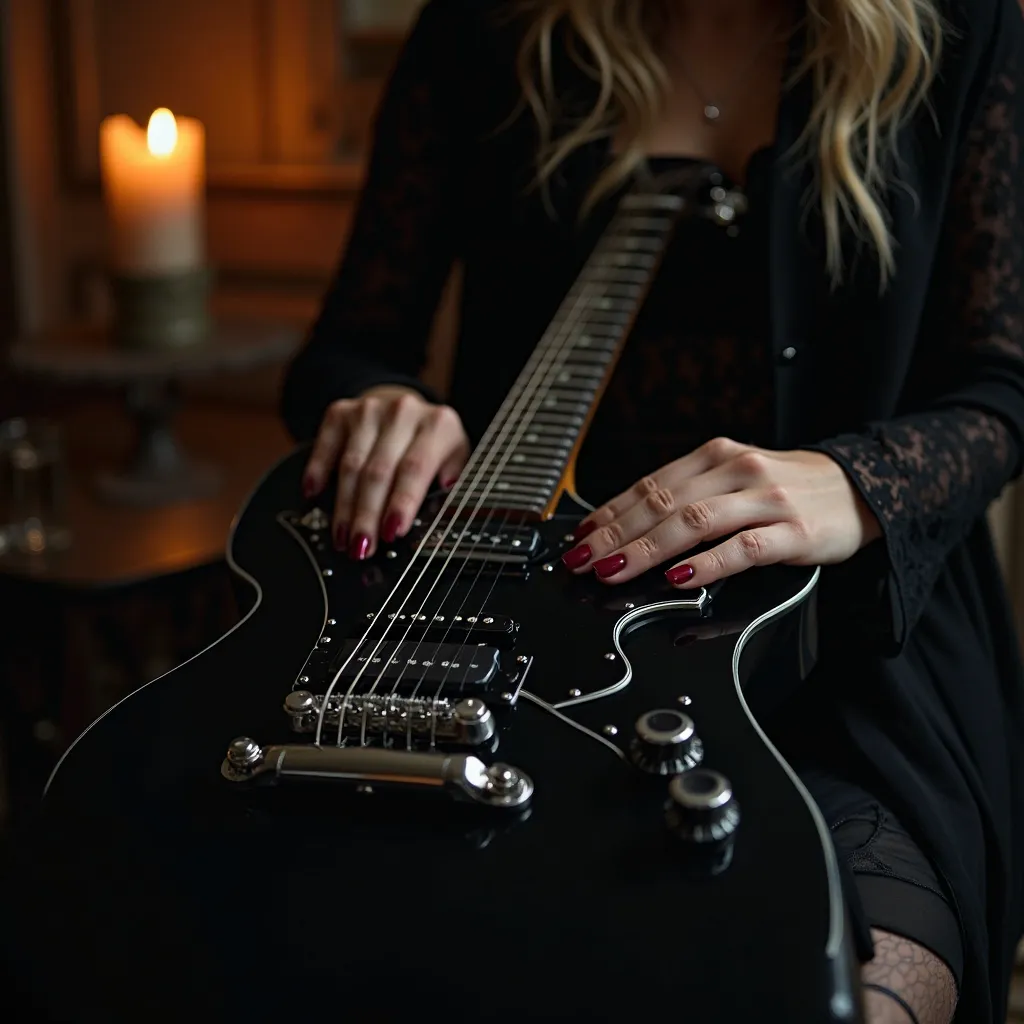 A black electric guitar positioned 90 degrees to the ground. They touch the guitar as if worshiping female hands with burgundy gel on and around the guitar. The surroundings are dim and candlelight illuminates the environment.