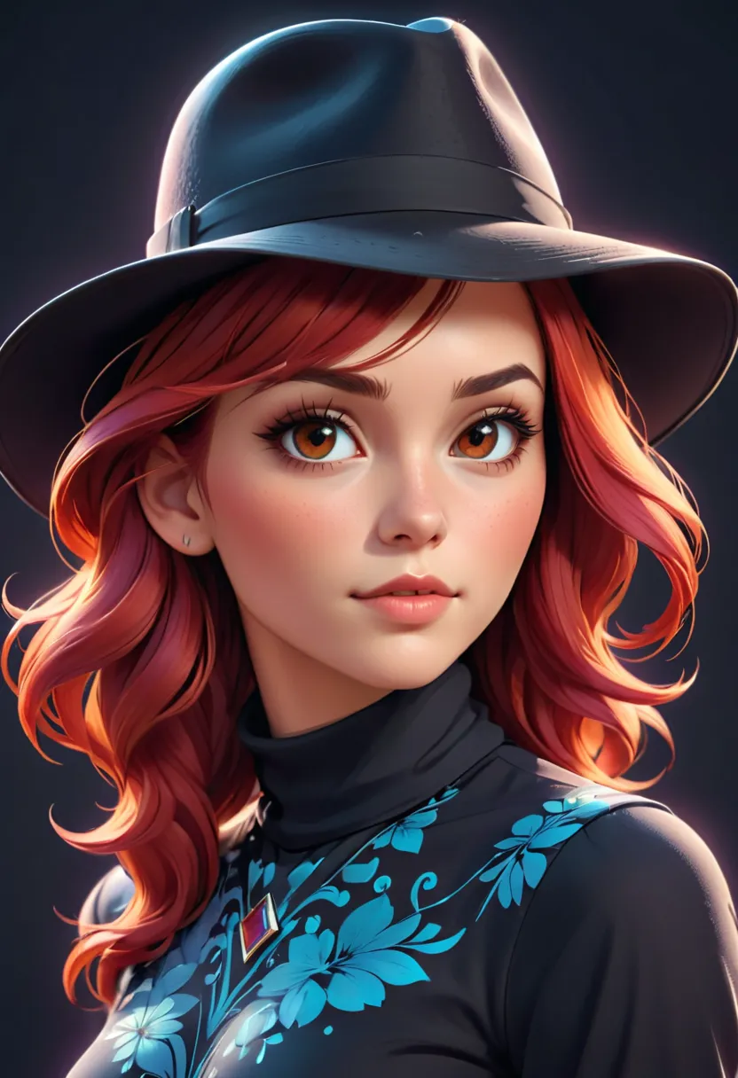 Young woman with vibrant red hair styled naturally, wearing a black hat and high neck blouse with patterns , looking directly at the camera, digital paint look, painting 3D, realistic , front light lighting, solid background portrait