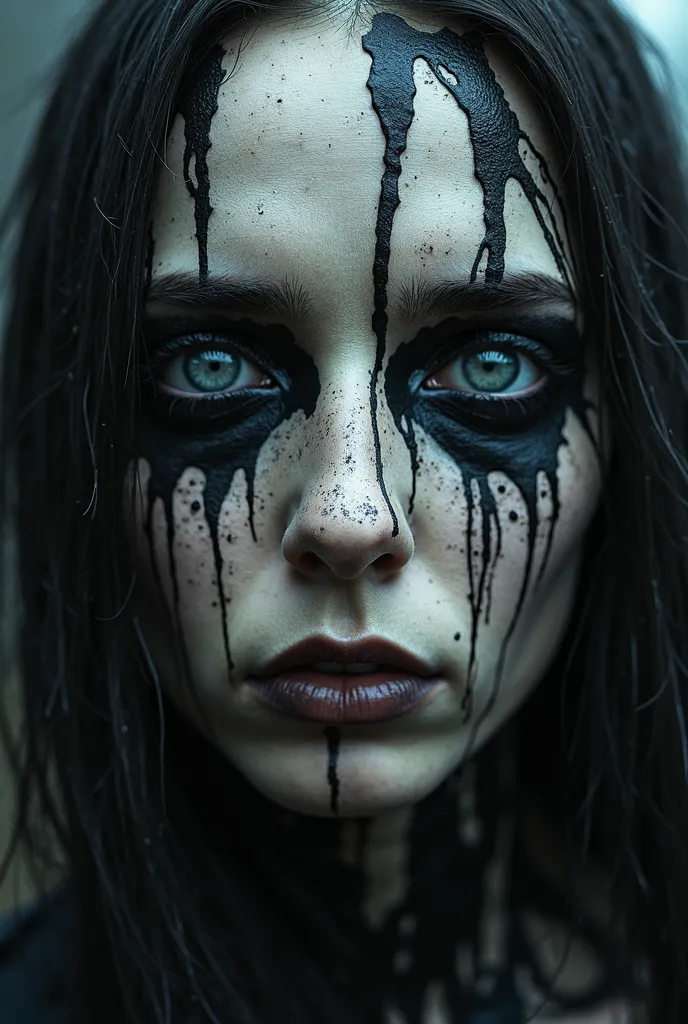 A hyperrealistic extreme close-up portrait of a woman, her face covered in traditional black metal  paint. The makeup is smeared and streaking down her pale skin in dark, chaotic trails, as if dissolving under an unseen weight, evoking a sense of decay and...