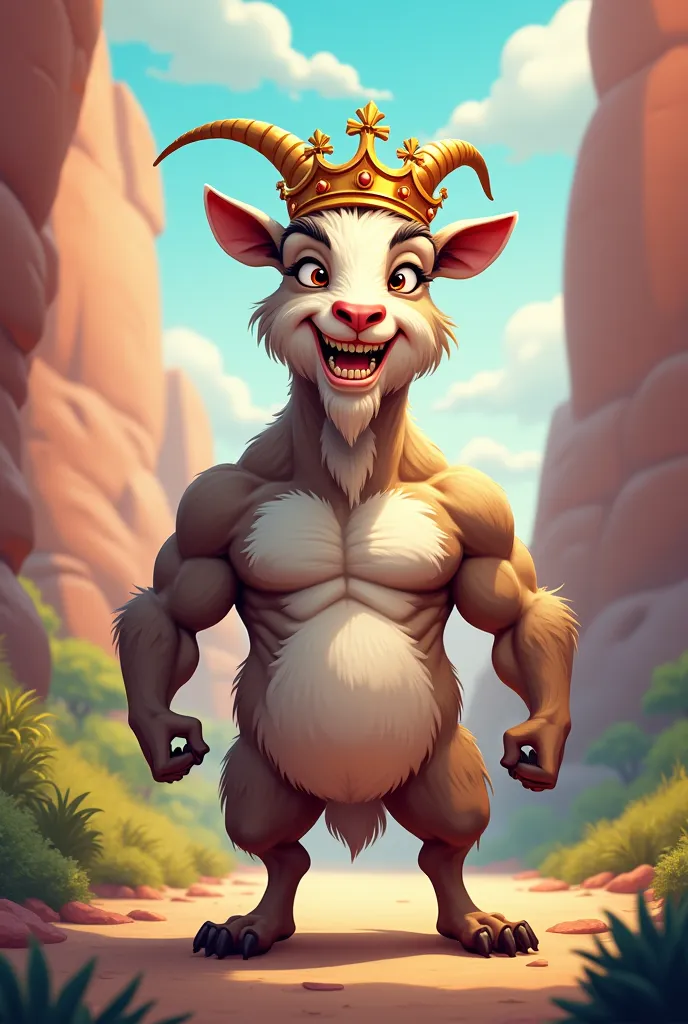 goat with six pack with crown in cartoon, full view