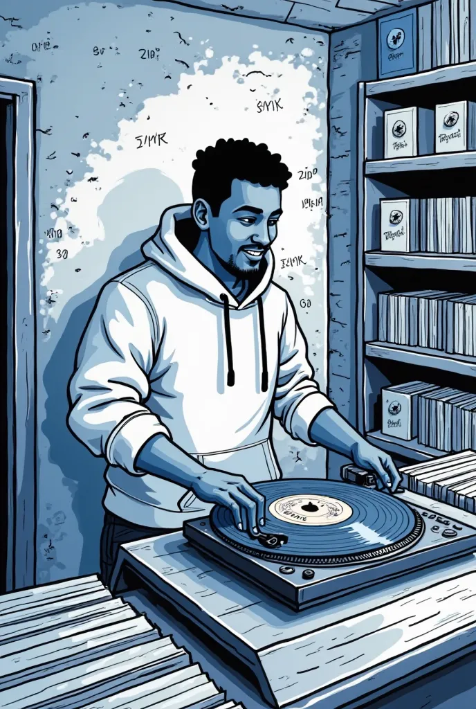 A guy in a hoodie walking into a record store, looking into a crate of records, and then pick one that was customized with the name Zima Blue. The guy then puts the record on a turntable , the record starts spinning, and the is guy smiling. It should be si...