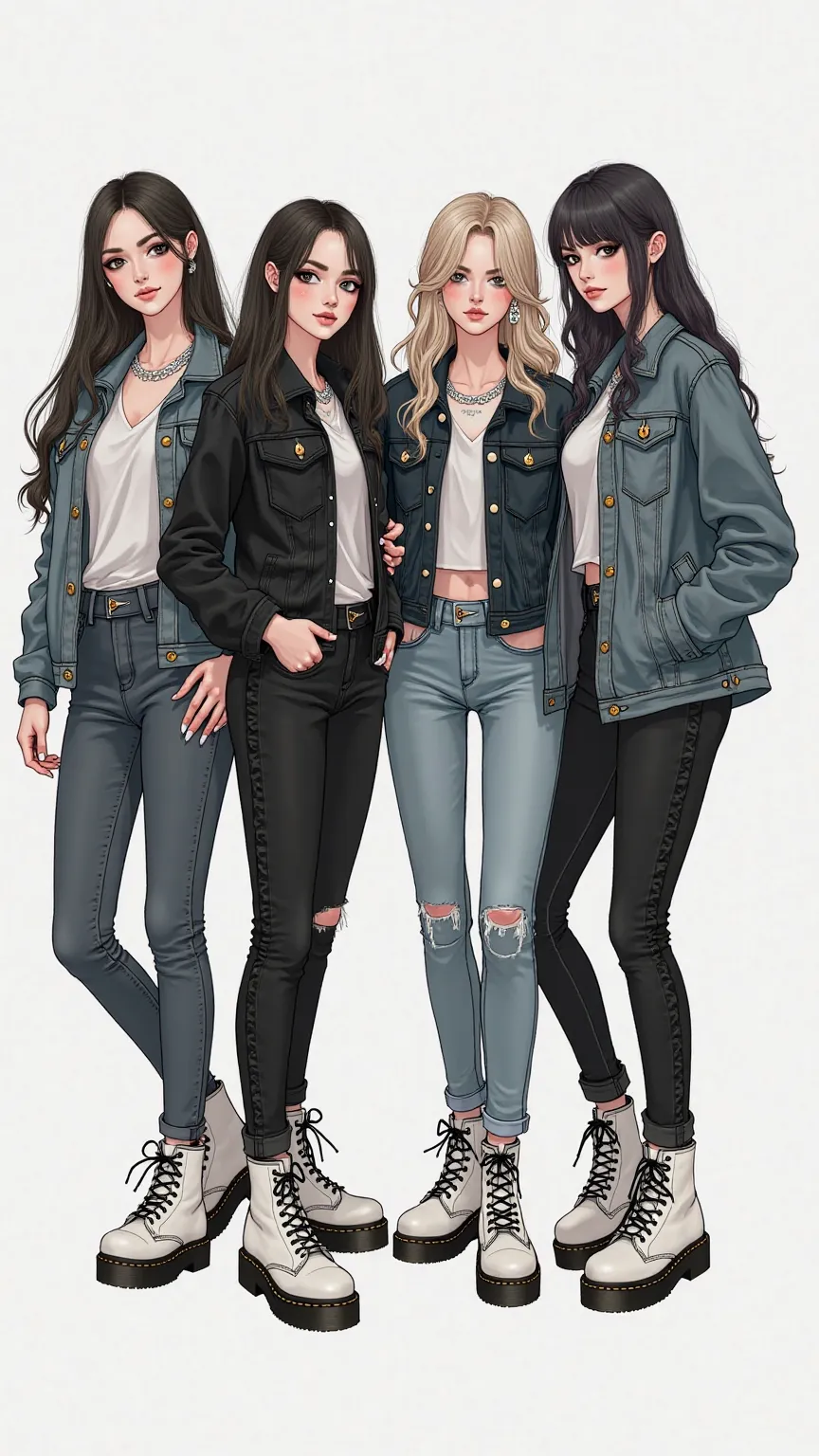 4 girls in white Dr Martens platforms, super high waisted skinny jeans with buttons, 6 button denim jacket