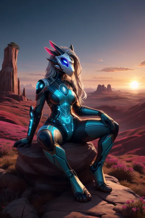 VintageSketch style, YFG-Zaat, An android woman with flowing silver hair and a porcelain mask sits cross-legged on the edge of a cliff, overlooking a desolate alien planet.  Her minimalist white attire, accented with glowing silver circuitry, blends seamle...