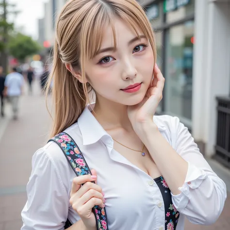 ((8K wallpaper)),((blond hair)),((side ponytail)),((big breasts,Big Breasts)),((dark pink eyeshadow with dark orange lipstick)),(( beautiful Japanese girl)),((Intelligent Glasses)),((street corner background )),((colorful manicure for nails)),((earrings, n...