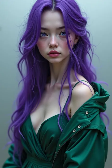 Girl with purple skin, hair long and wavy,  dark purple .  Skinny, in a green dress and raincoat.  Purple Eyes 