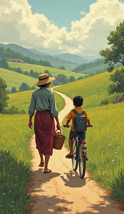 A rural Indonesian woman walks with a boy on a bicycle, carrying a school bag, cycling through a beautiful path with green fields on both sides. seen from behind