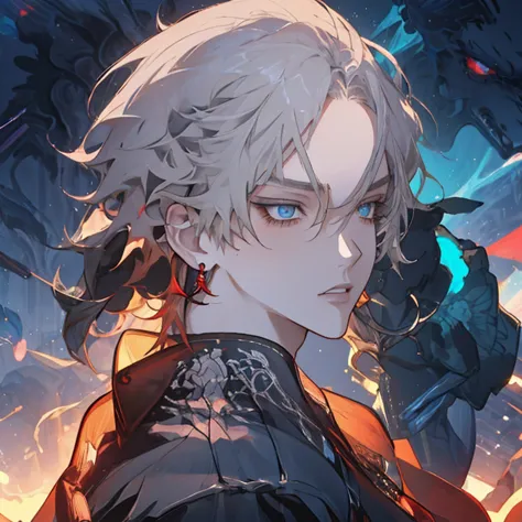 *“Masterpiece, ultra-high-definition, highly detailed, beautiful, anime-style illustration. A tall, slender yet muscular young man with a stylish cyberpunk aesthetic. He has short platinum blonde hair, striking large double-lidded eyes with vibrant blue ir...