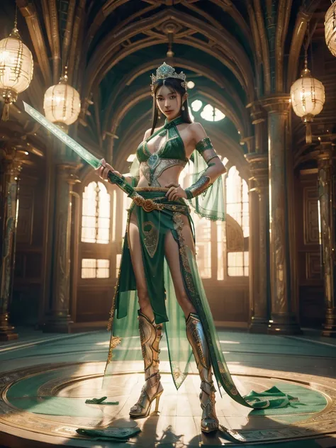 4k resolution. 1 girl. Beautiful Chinese age girl. Beautiful Chinese princess. White skin. Princess. Black hair. Green sexy transparent princess outfit no pants. No bra. No underwear. Flat chest. Luxury crown. Holding the sword. Luxurious royal room. Beaut...