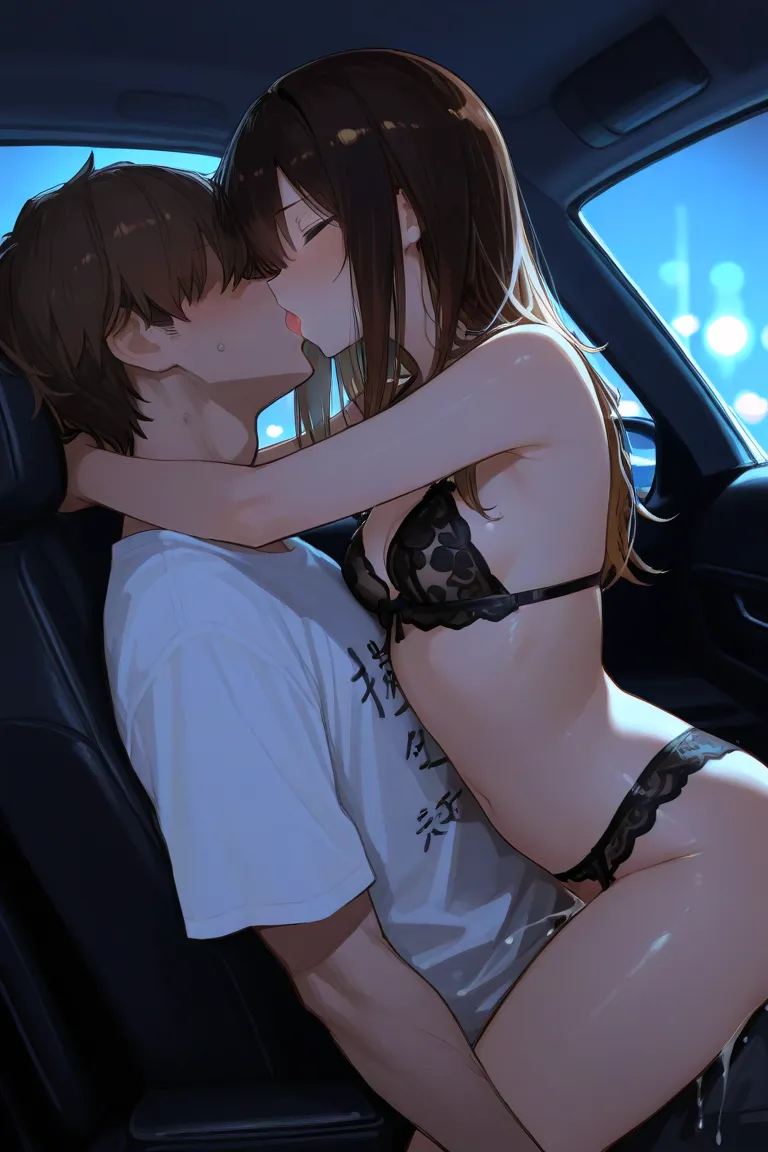 Cowgirl position while giving a hot kiss in the back seat of a car。woman has long dark hair and black sexy lingerie、man has medium brown hair and white t-shirt。 orgasm。 Beautiful small breasts are sexy。 Moonlight's slightly dim lighting。Best Quality。master...